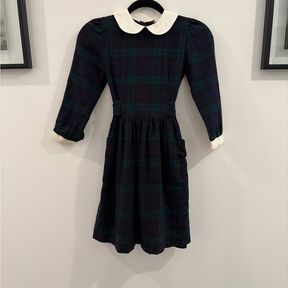 Laura Ashley Navy and Green Plaid Dress with Collar Girl’s Age 9-10 Vintage